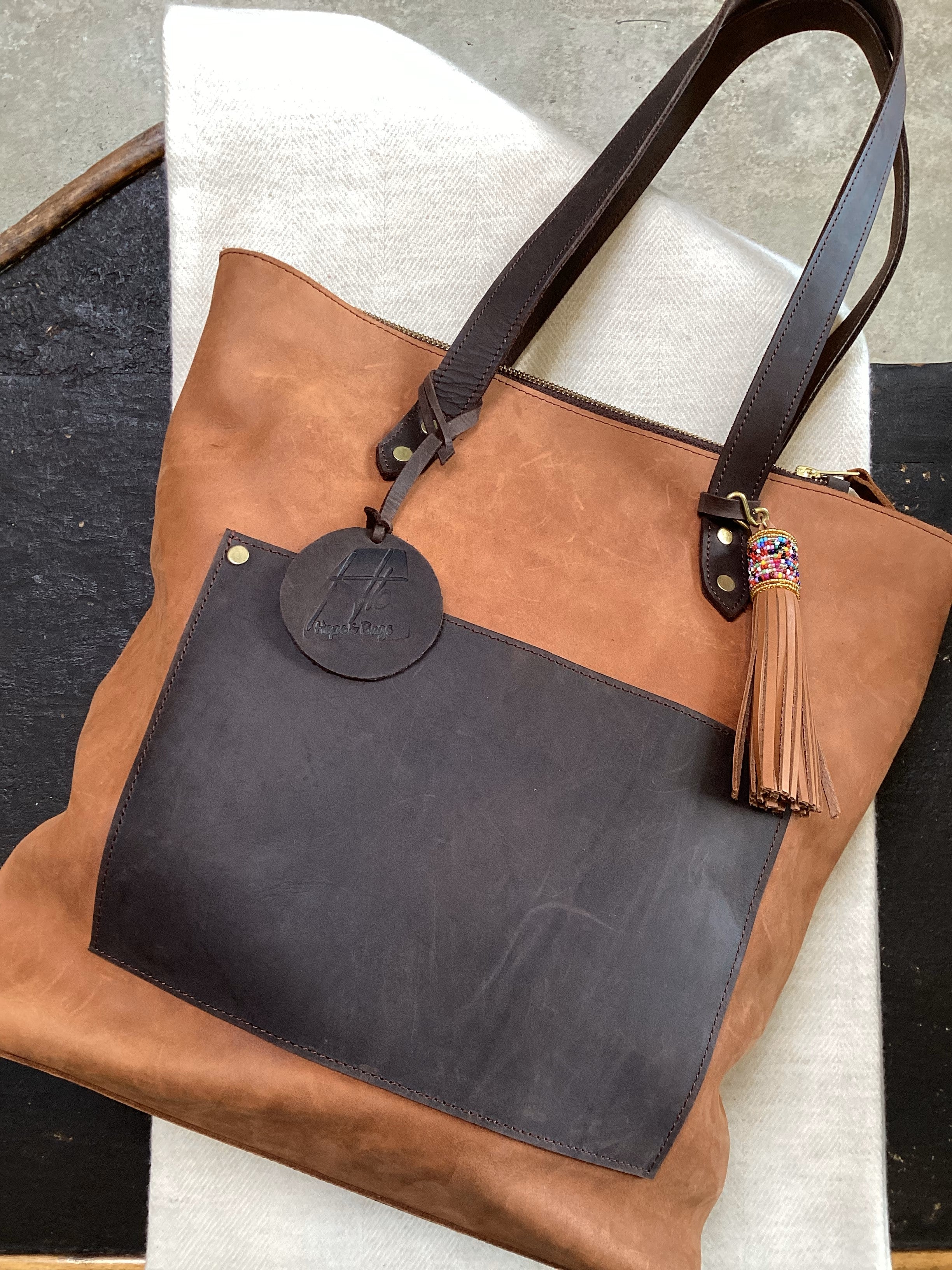 TWO-TONED LEATHER TOTE