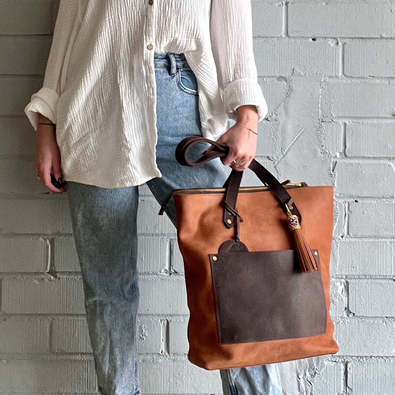 TWO-TONED LEATHER TOTE