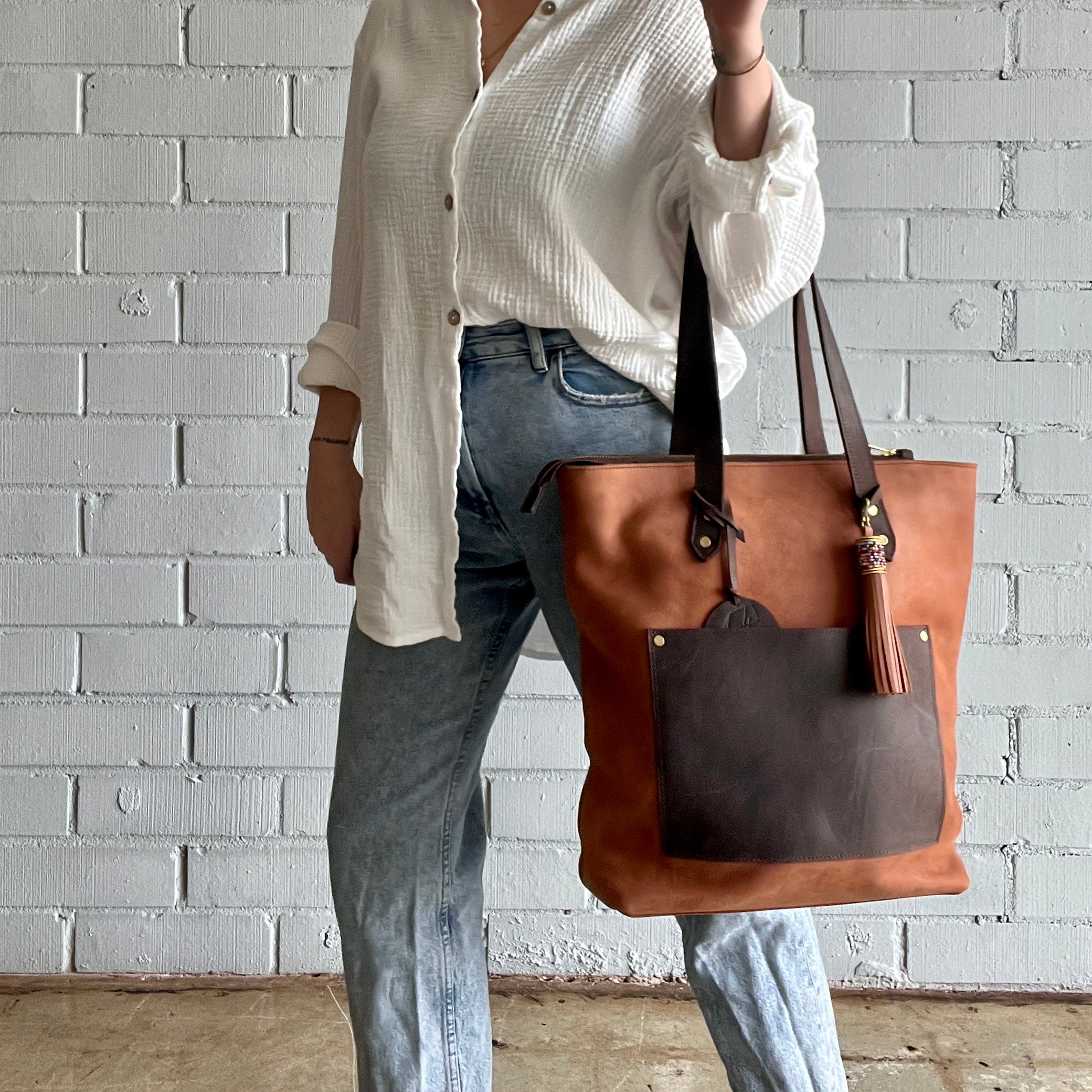 TWO-TONED LEATHER TOTE